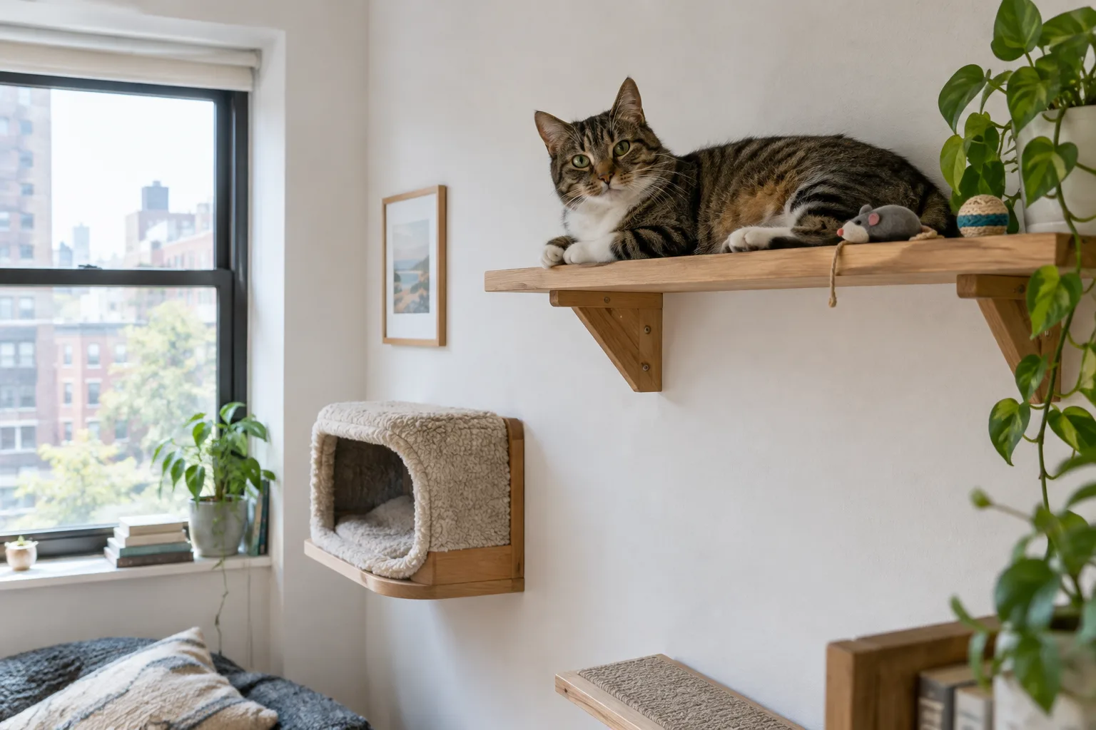 Un chat se repose sur une étagère en hauteur, près d’un coin tranquille aménagé dans un appartement.