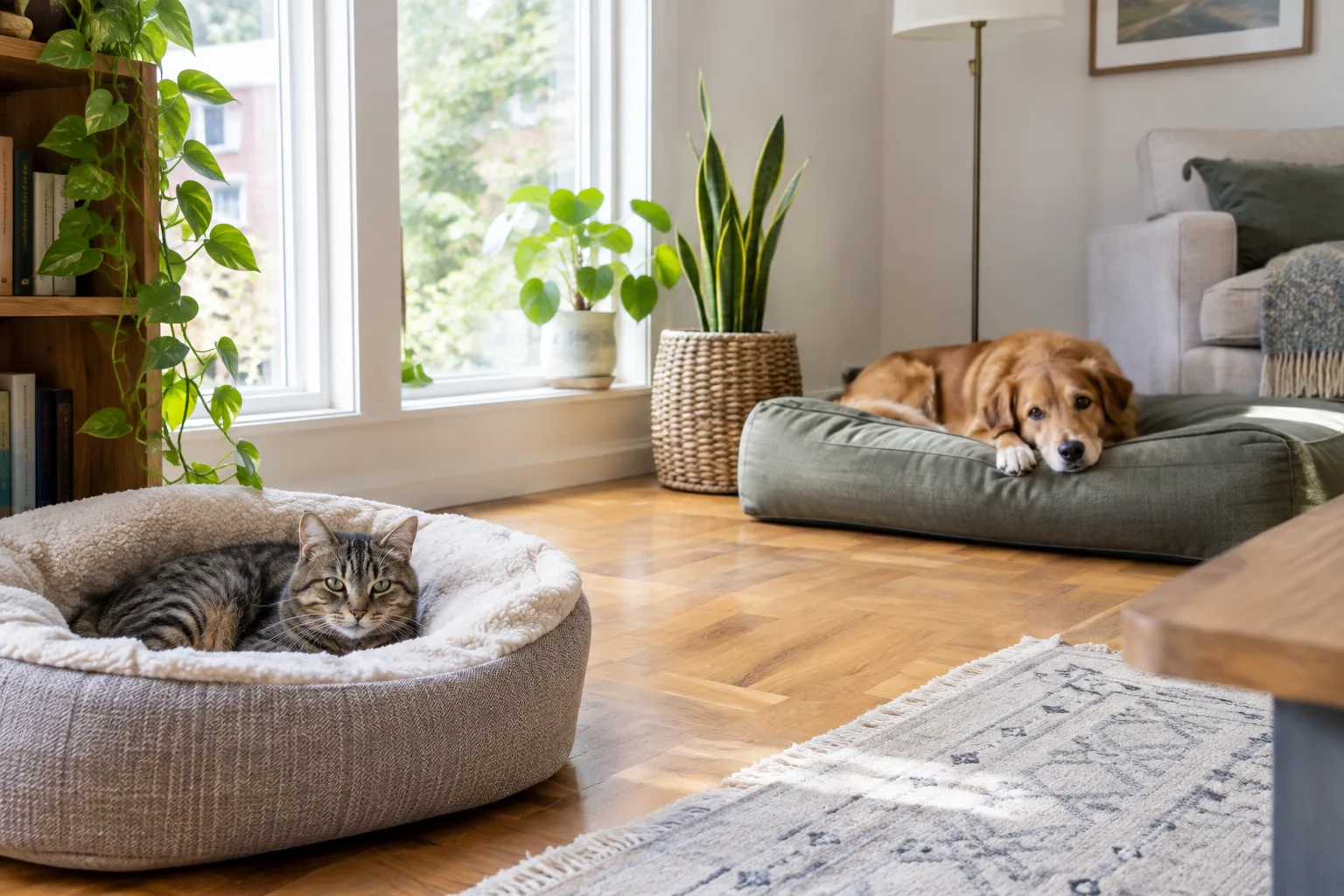 Un chat se repose sur une étagère tandis qu’un chien est installé dans son panier, dans un appartement lumineux.